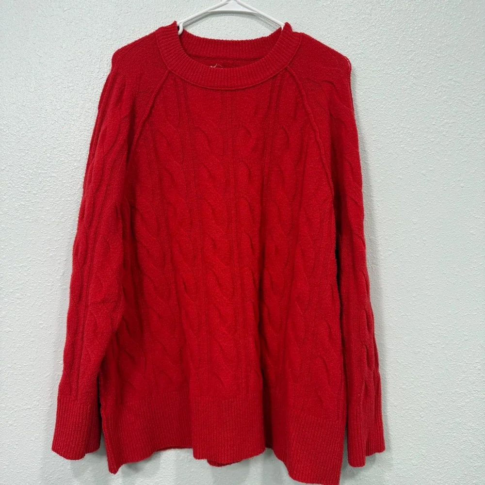 Aerie Womens Red Cable Knit Crewneck Sweater Long Sleeve Pullover Size M